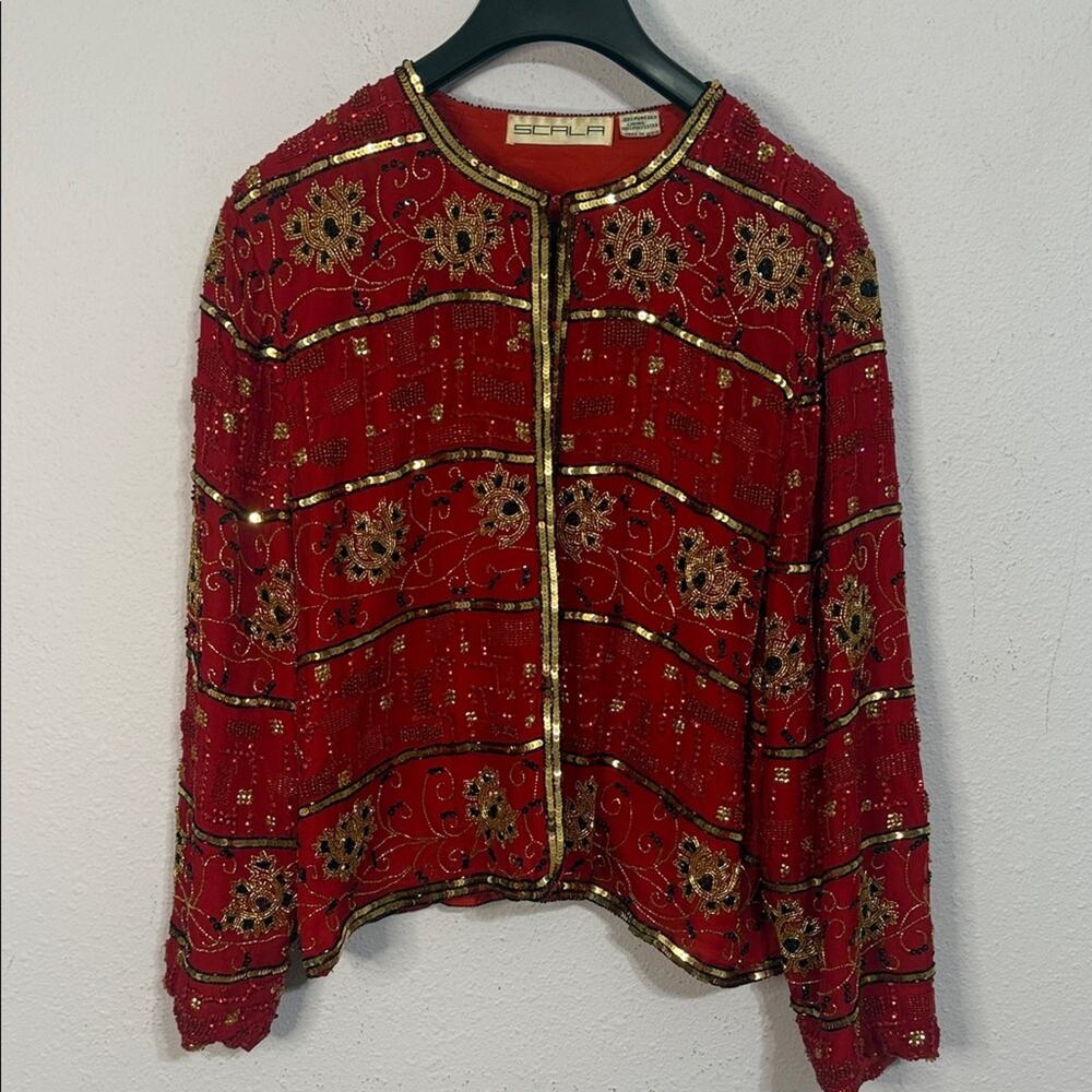 Scala Women Vintage Red and Gold Sequins Embellished Pure Silk Lining Blazer M/L